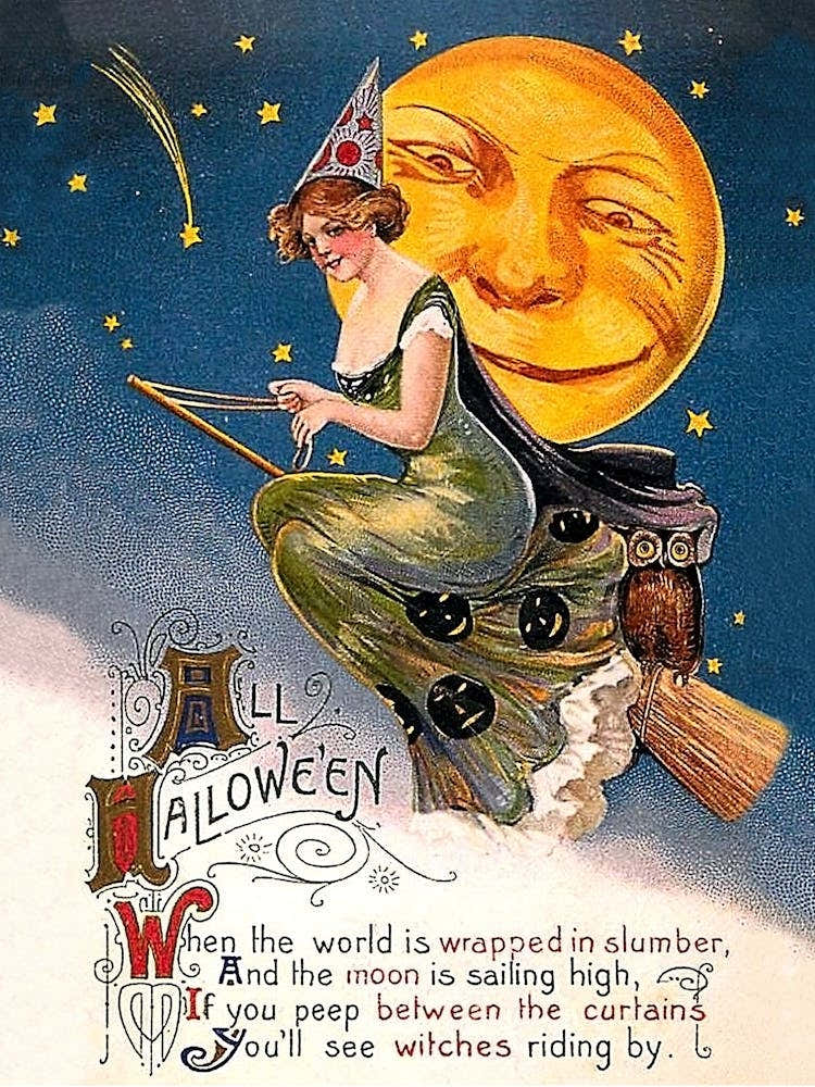 Young Witch Riding A Broom Under The Happy Moon, And A Halloween Poem