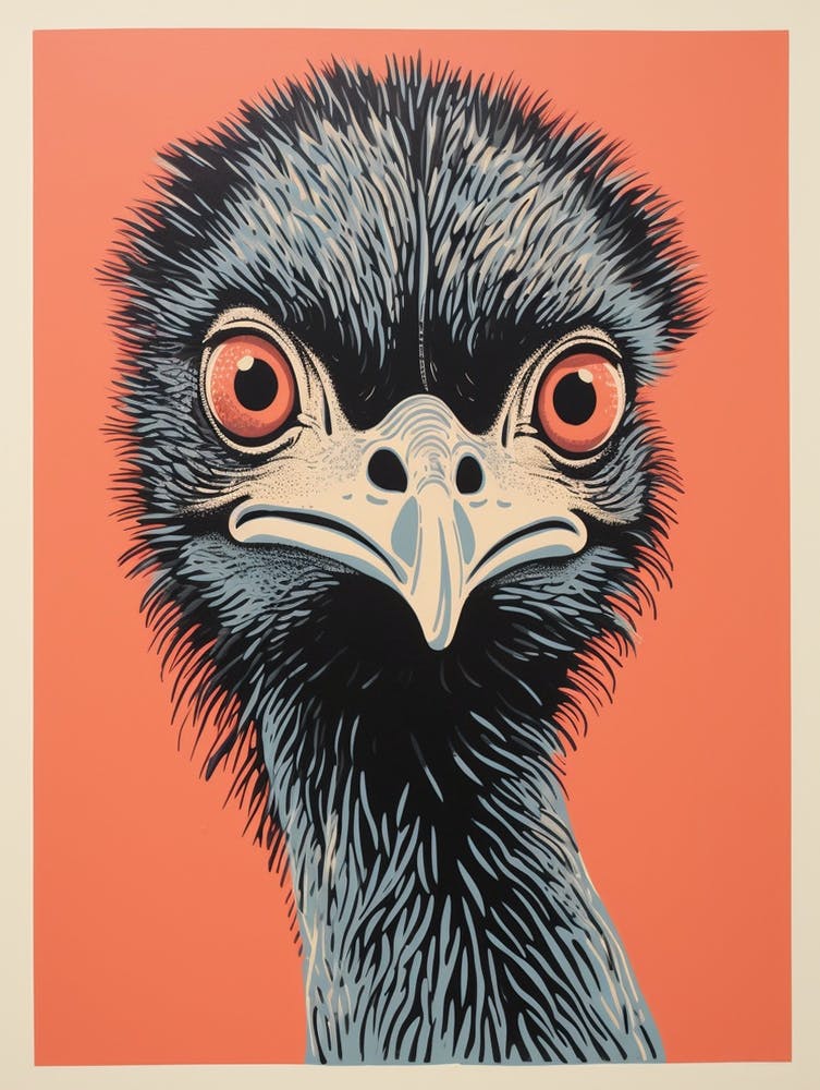 Vintage Bird Linocut Emu