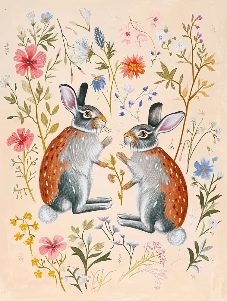 Folksy Floral Animal Drawing Hare