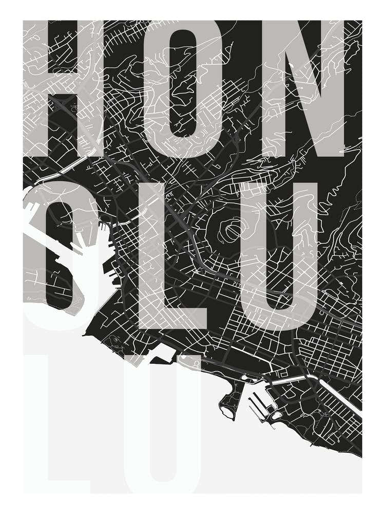 Honolulu Mono Street Map Text Overlay