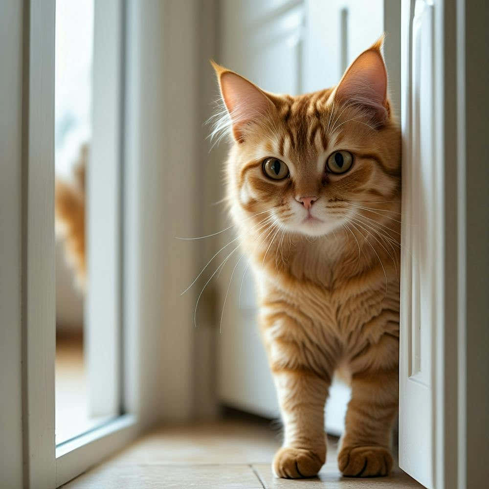 Orange Tabby Cat Looking Out The Door