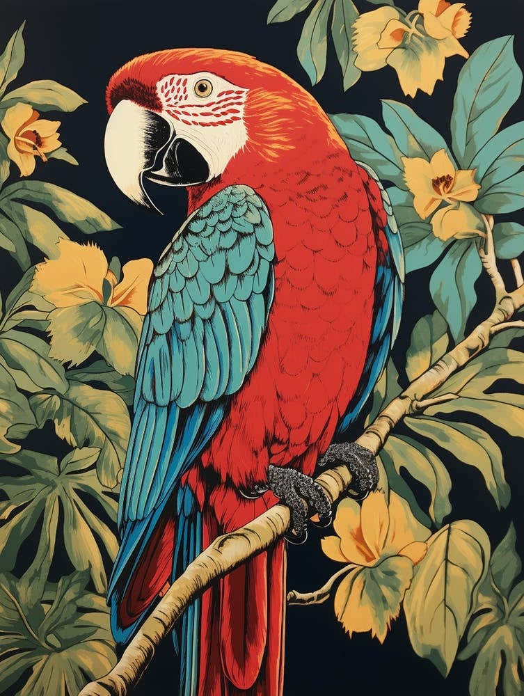 Vintage Bird Linocut Macaw 4
