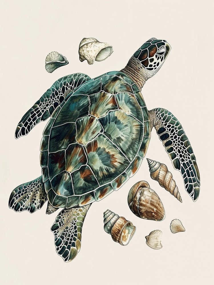 Sea Turtle & Shells Vintage Illustration 1