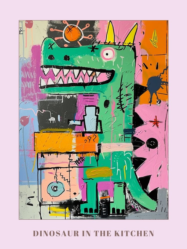 Abstract Purple Graffiti Style Dinosaur In The Kitchen 2 Poster