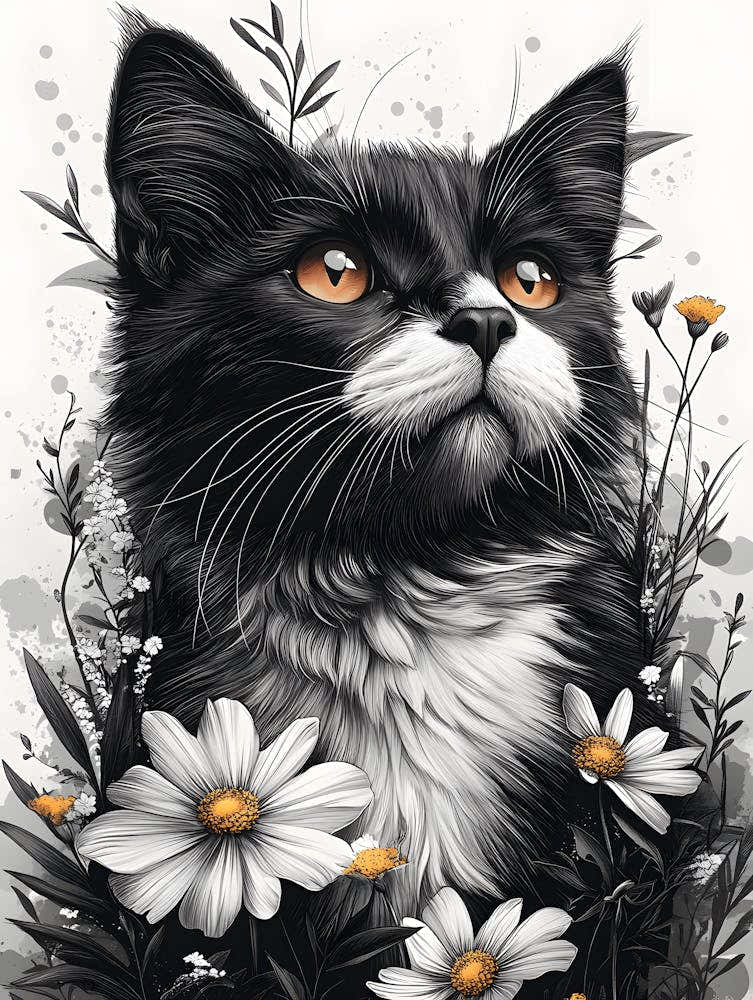 Black Cat With Daisies