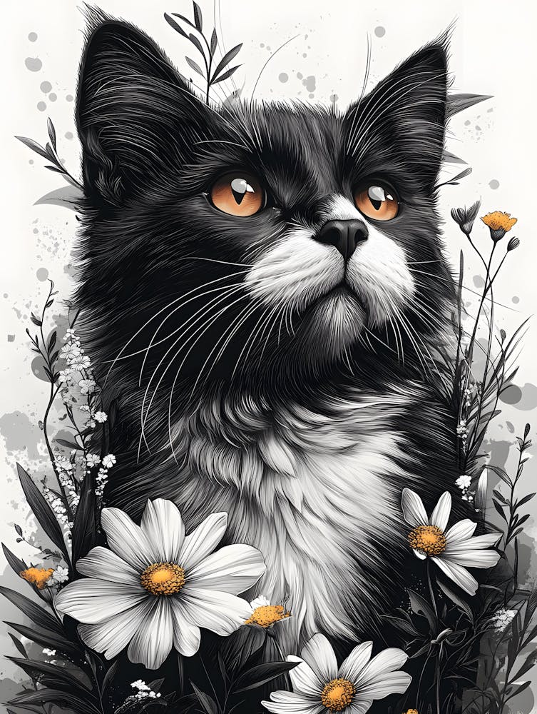 Black Cat With Daisies