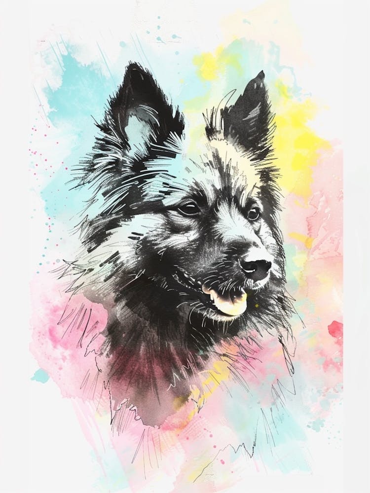Pastel Keeshond Dog Pastel Line Illustration 3