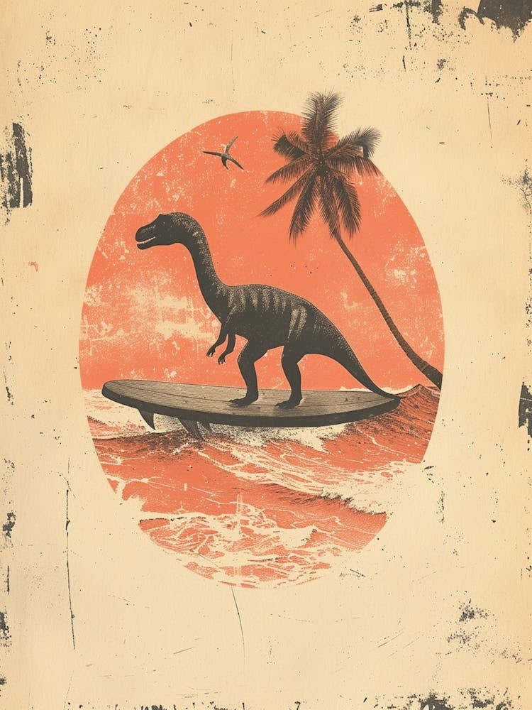 Vintage Corythosaurus Dinosaur On A Surf Board 1