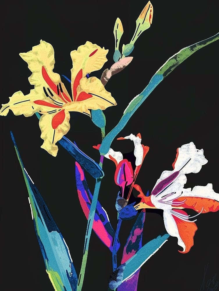Neon Flowers On Black Gladiolus 2