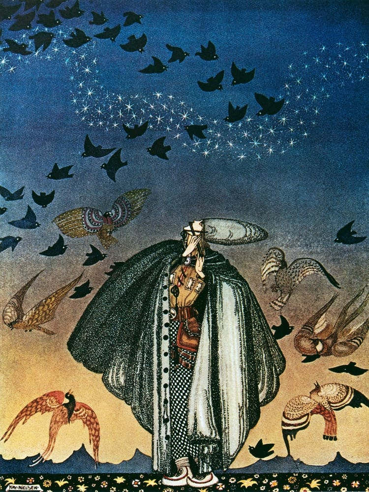 "No Sooner Had He Whistled Than He Heard A Whizzing And A Whirring From All Quarter And Such A Large Flock Of Birds Swept Down That They Blackened All The Field In Which They Settled" by Kay Nielsen - East of the Sun and West of the Moon 1914 - Vintage Vi