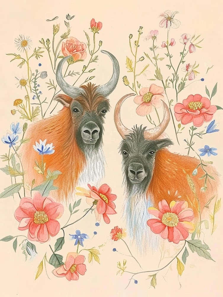 Folksy Floral Animal Drawing Yak 3