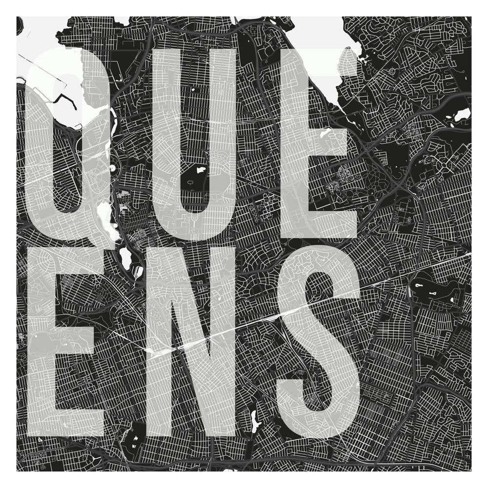Queens Mono Street Map Text Overlay Square