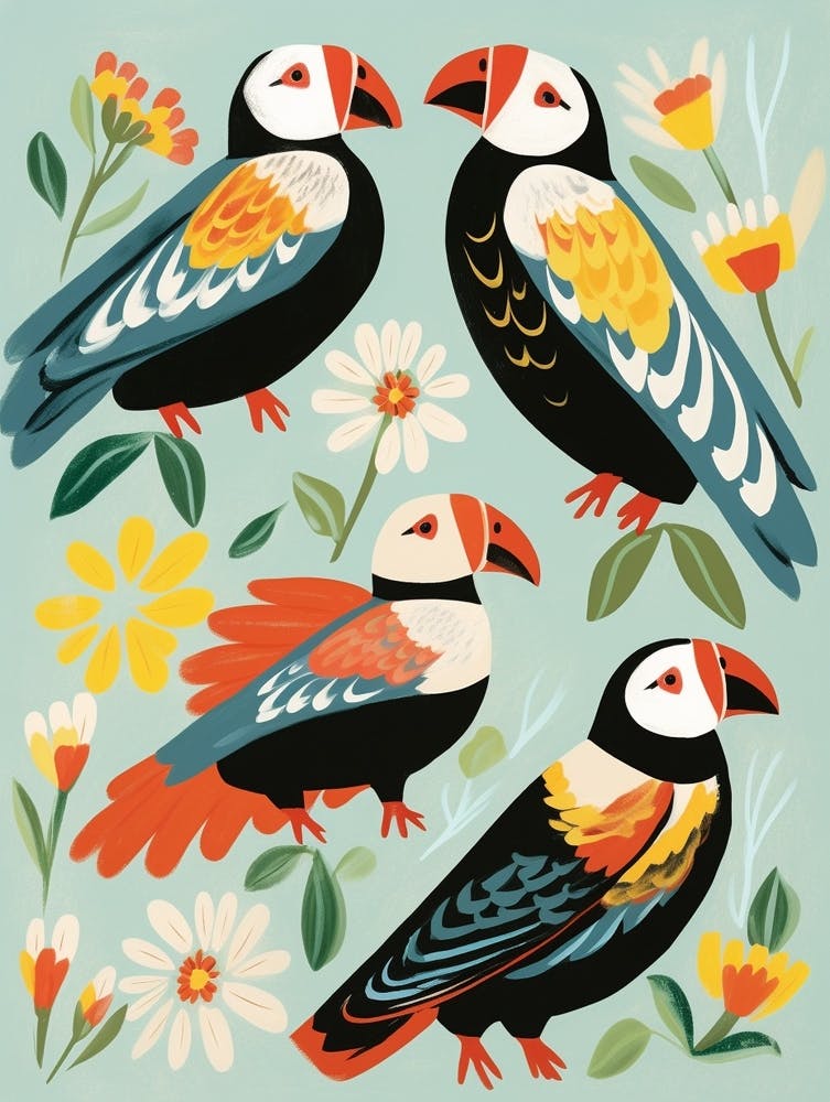Folk Style Bird Painting Puffin 2
