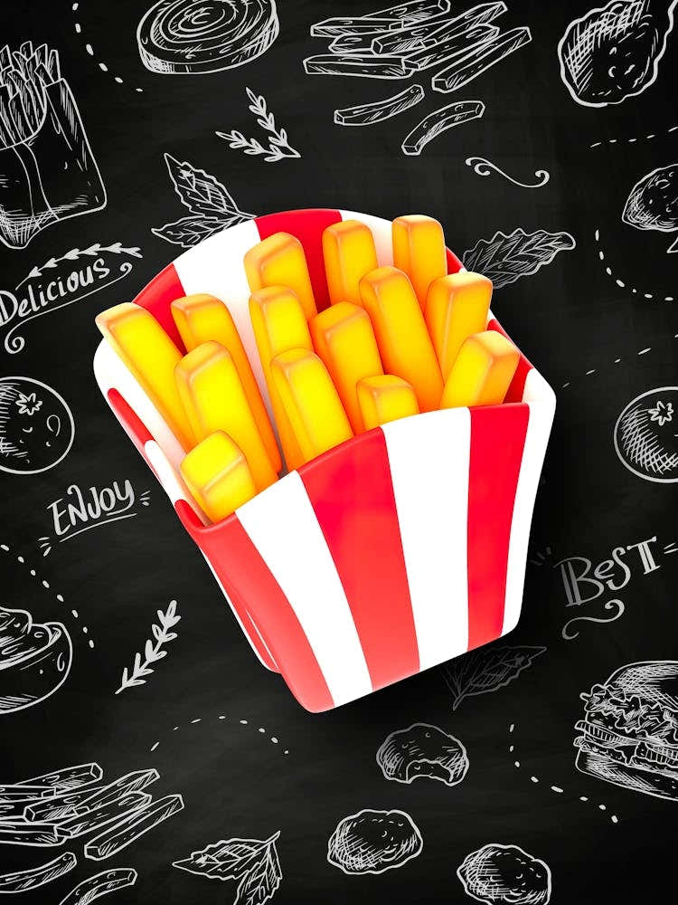 French fries, plastic 3D — Food kitchen poster/blackboard, photo art