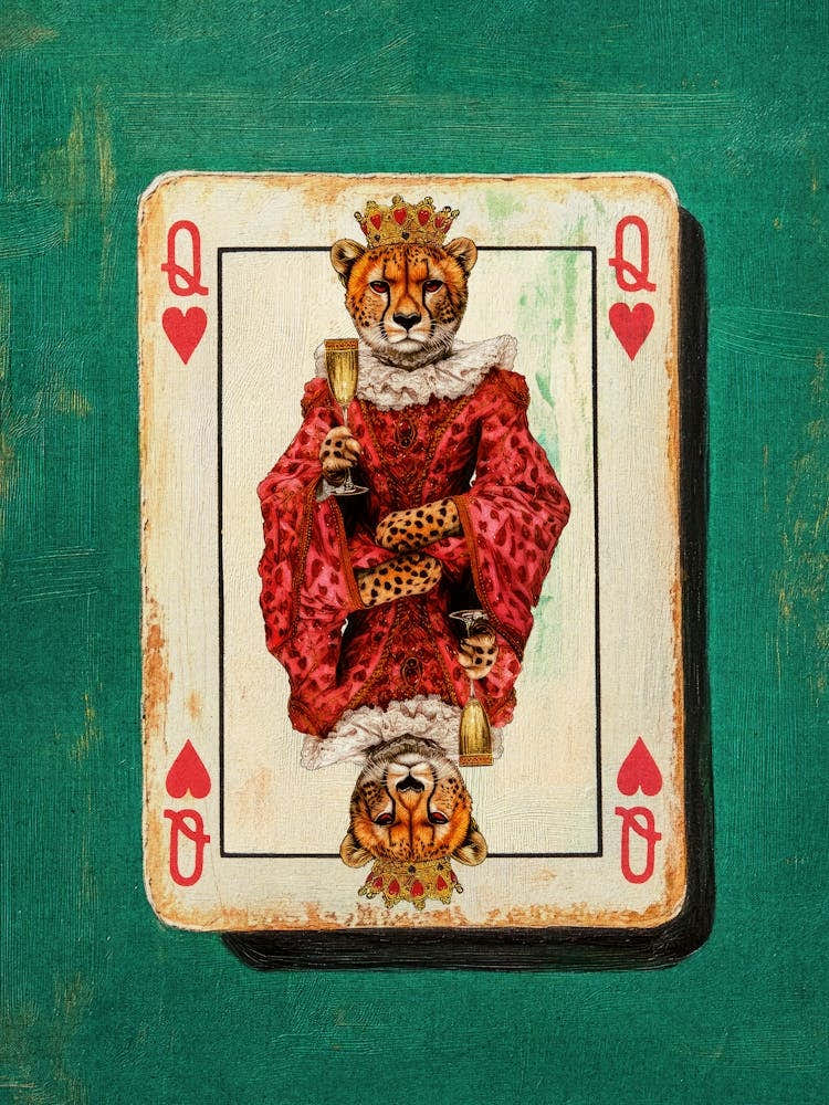 Queen of Hearts cheetah Vintage playing card illustration maximalist decor, Playful Quirky art unique home deocr, surrealistic animal print for Bold Office, Champagne wall art eclectic bar cart decor
