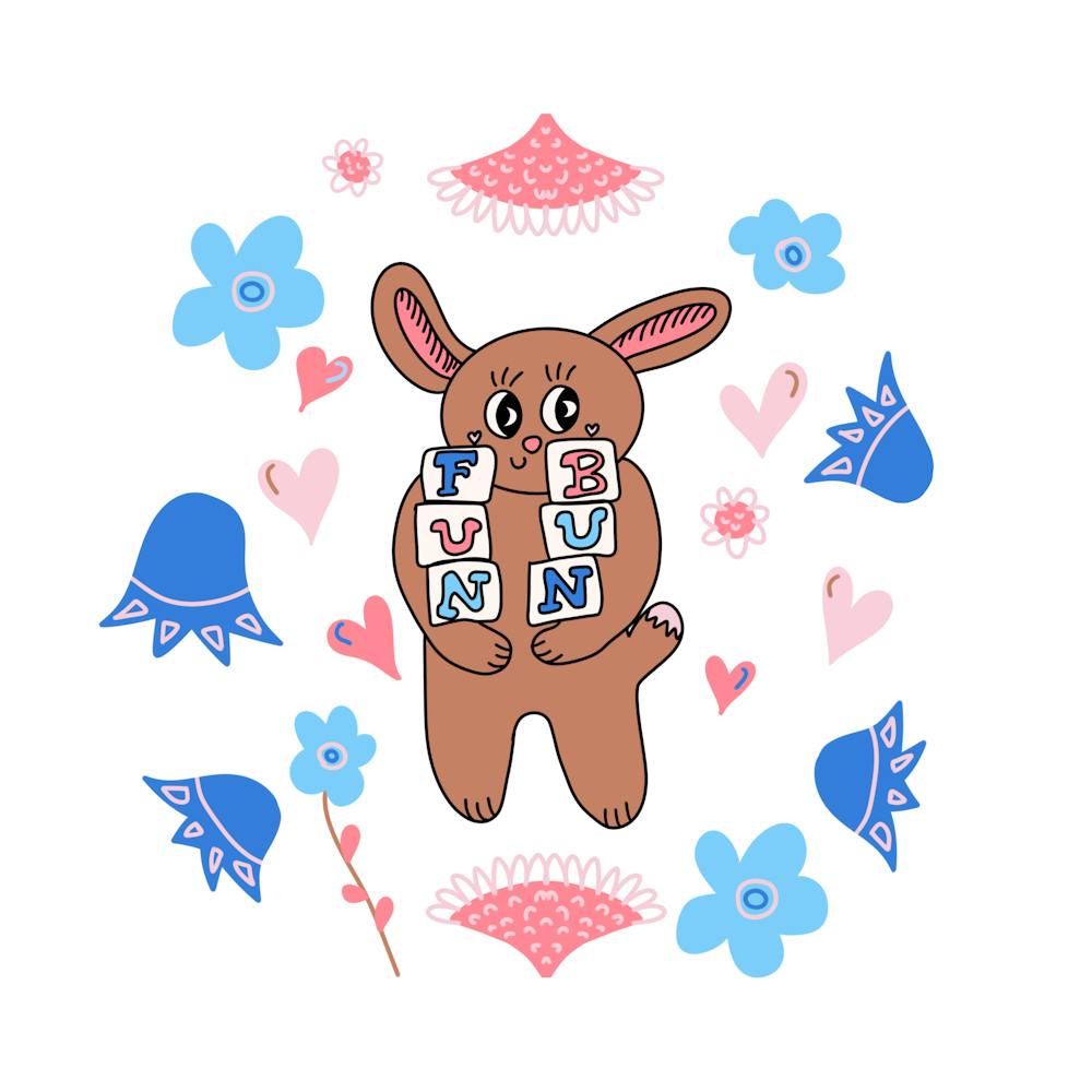 Cute Bunny with Building Blocks Bluebells and Hearts Lovely Nursery Art Pink and Blue