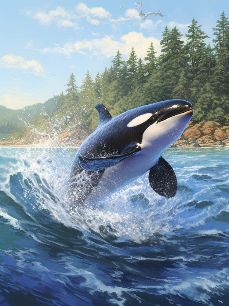 Realistic Orca Whale Illustration Splashing Through Waves