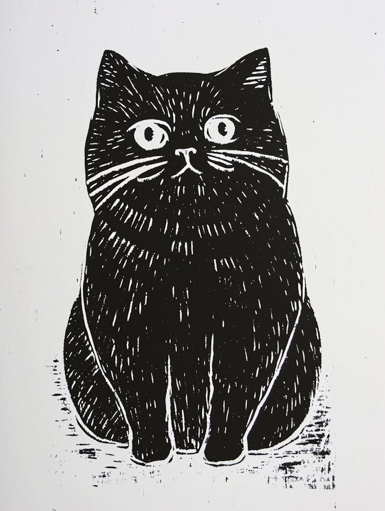 Scottish Fold Cat Linocut Blockprint 1