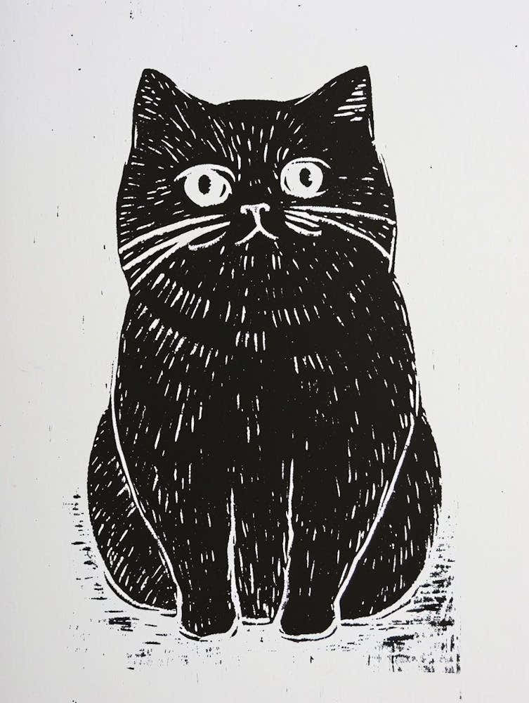 Scottish Fold Cat Linocut Blockprint 1