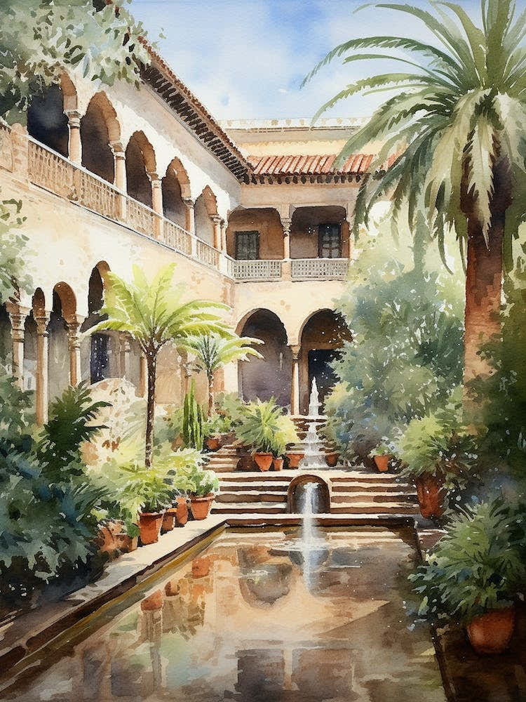 Gardens Of Alhambra Spain Watercolour 1