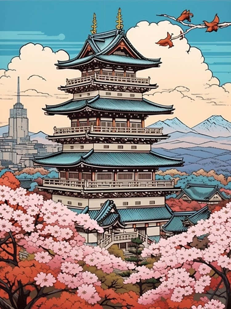 Okayama Castle, Japan Vintage Travel Art 1