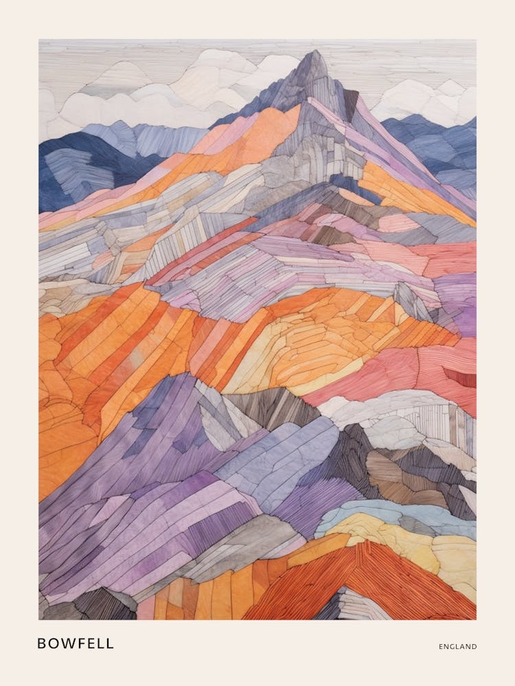 Bowfell England Colourful Mountain Illustration Poster