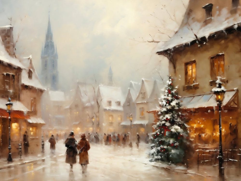 Vintage Christmas Town Painting Rustic European Snowy Village Print Neutral Winter Painting Christmas Printable Wall Art Christmas Decor