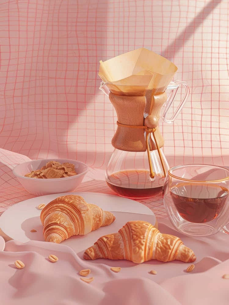 Pink Breakfast Food Chemex Coffee And Croissants 3