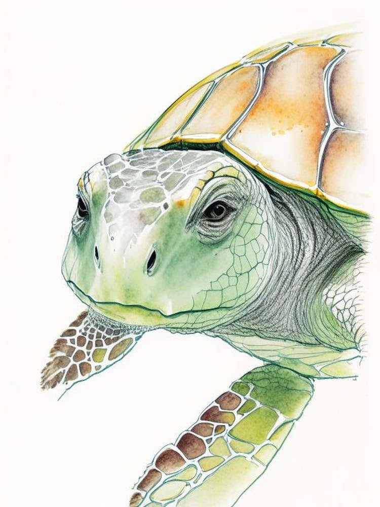 Sea Turtle Close Up, Sea Turtle Pencil Illustration 1