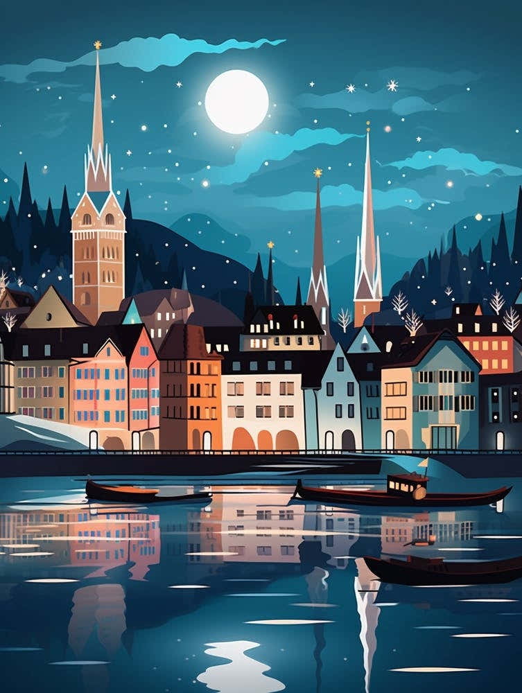 Winter Travel Night Illustration Zurich Switzerland 4