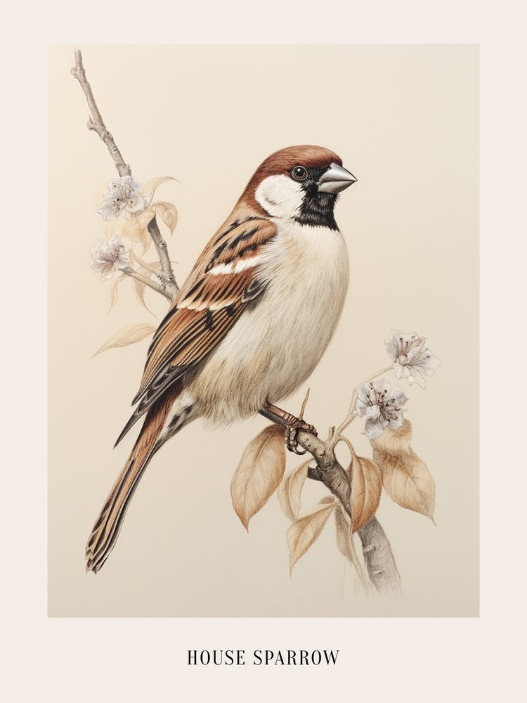 Vintage Bird Drawing House Sparrow 1 Poster