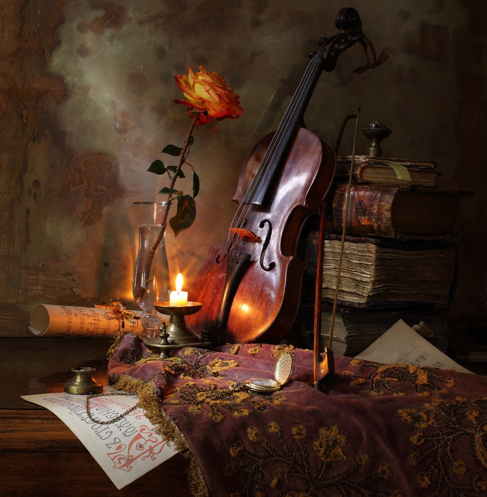 Still life with violin and rose