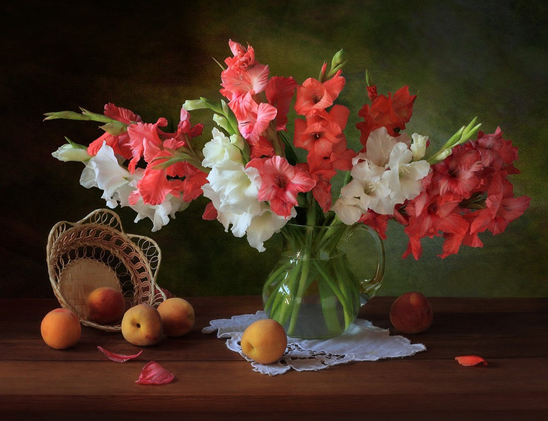 Still life with gladioli and peaches