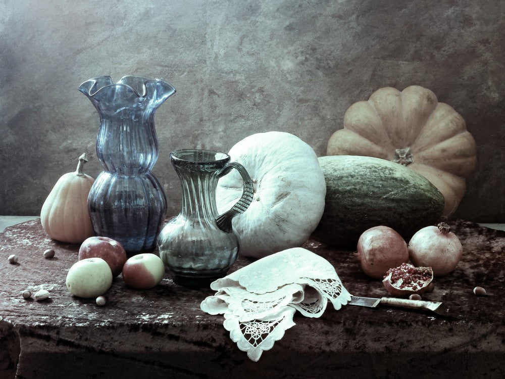 still life with blue vase