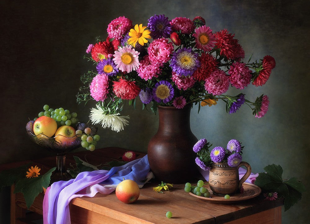 Still life with a bouquet of asters and fruits