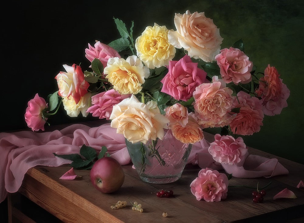 With a bouquet of garden roses