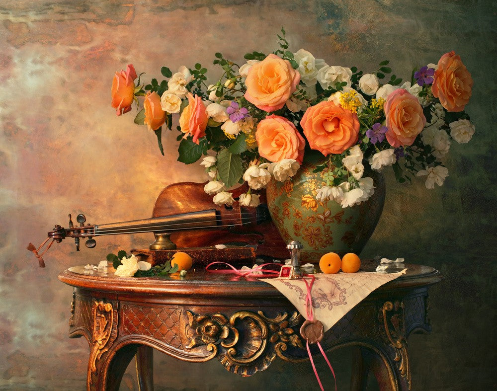 Still life with violin and roses