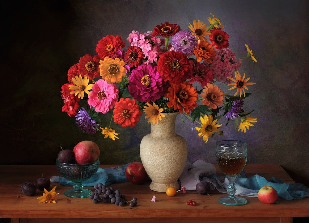 Still life with bouquet and wine