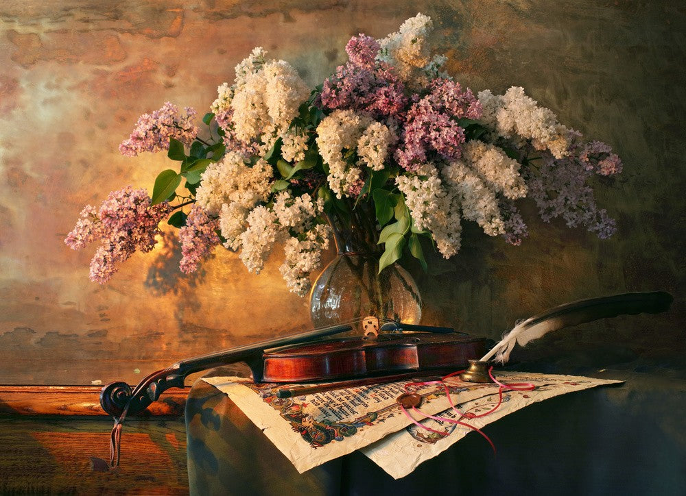 Still life with violin and lilac flowers