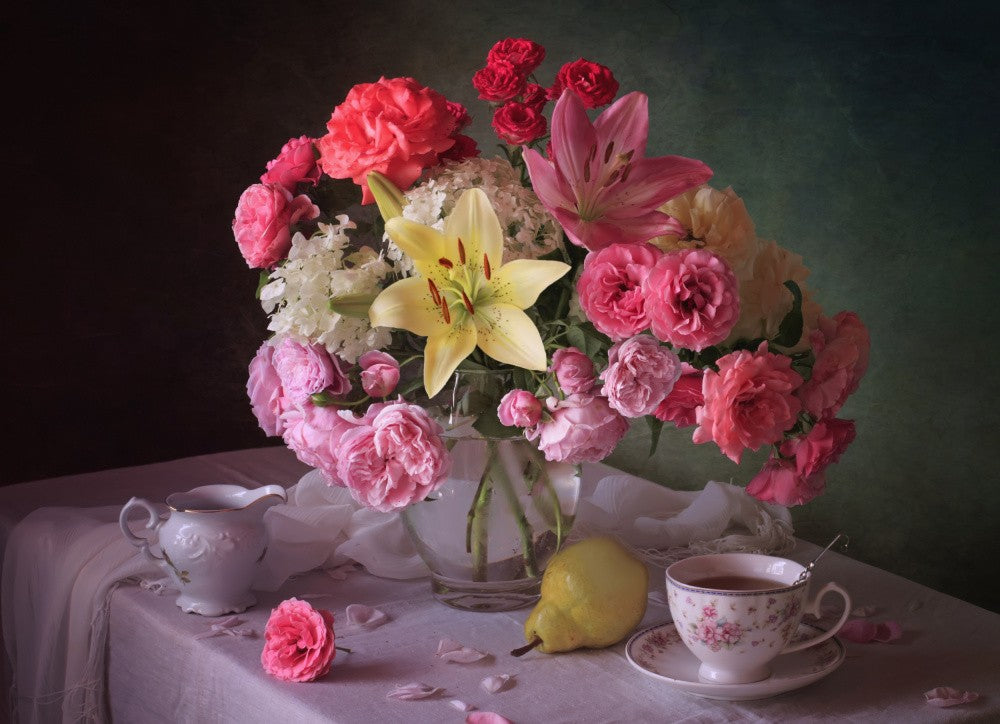 Summer still life with flowers and fruits