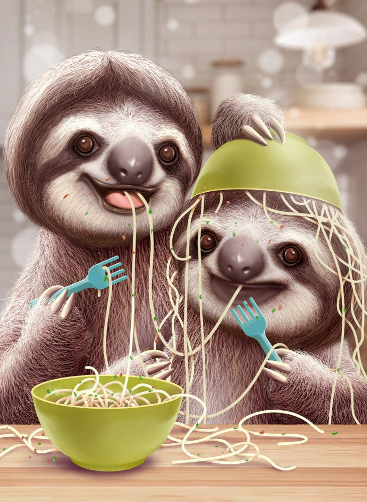 JEUNE PARESSEUX MANGEANT DES SPAGHETTIS