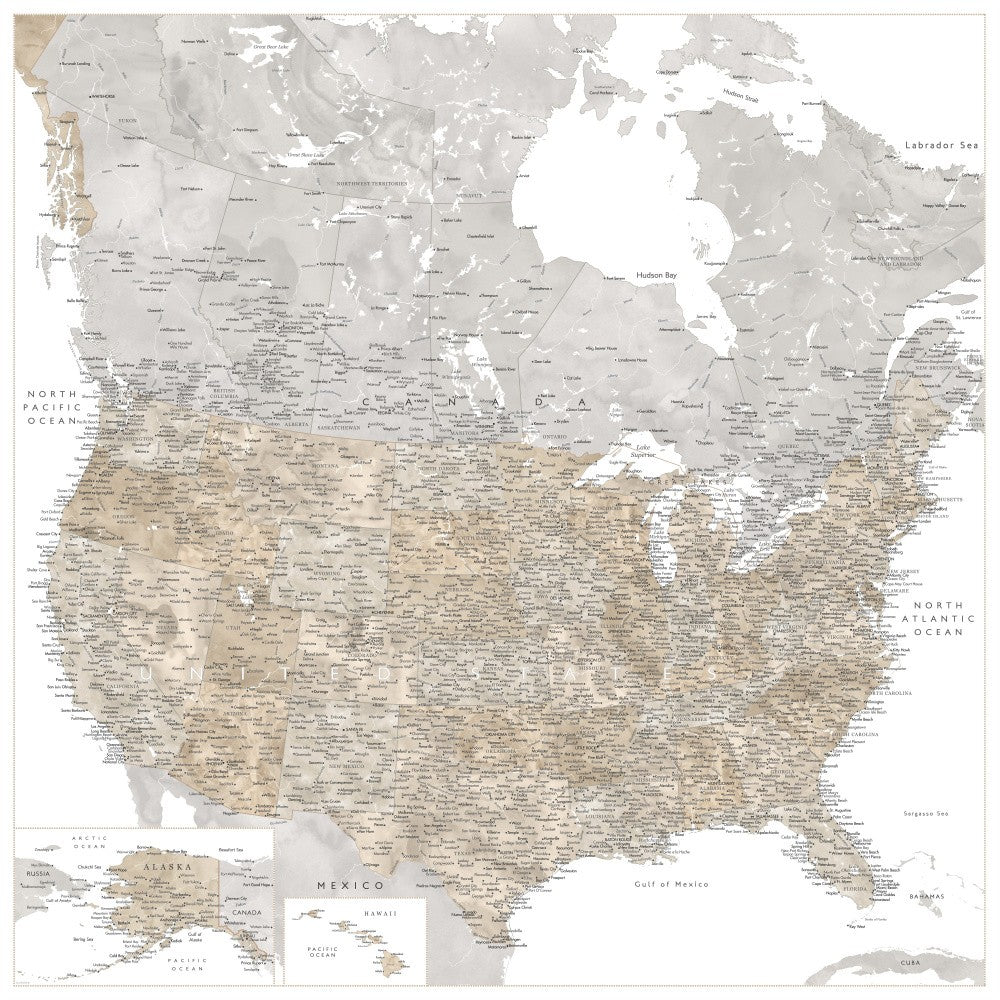 Highly detailed map of the United States and Canada