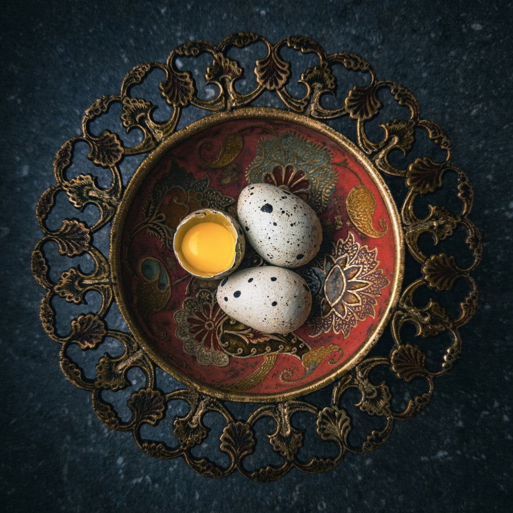 Quail eggs in vintage Indian bowl