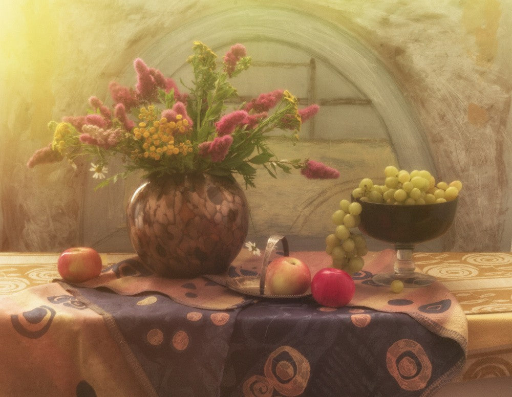 Still Life with Grapes. Flowers and Apples