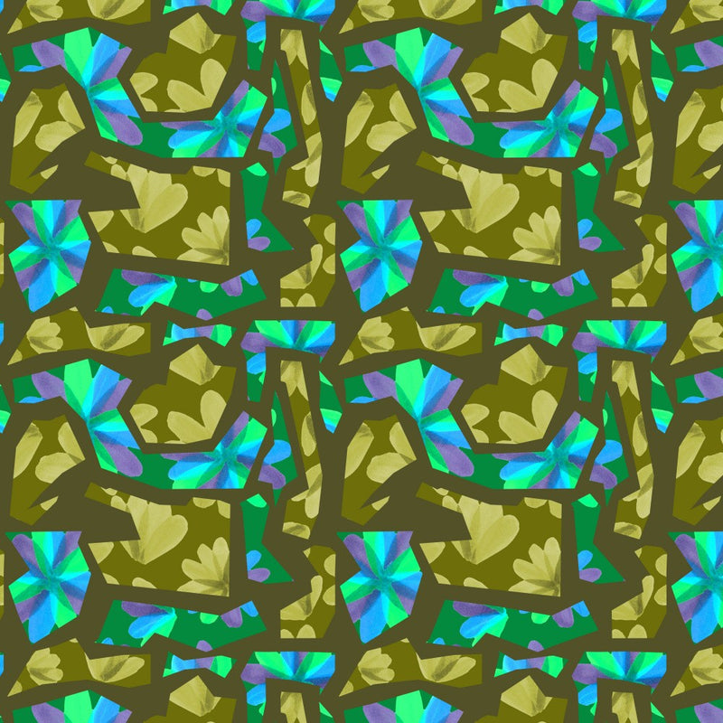 Floral Duo Cutouts Olive Blue On Green