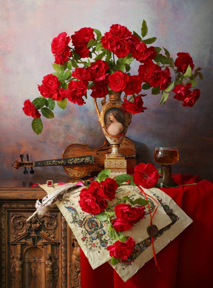 Still life with violin and red roses