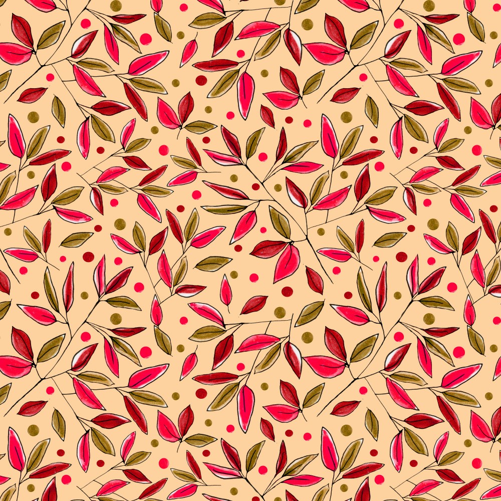 Floral Branches Magenta Brown On Pumpkin
