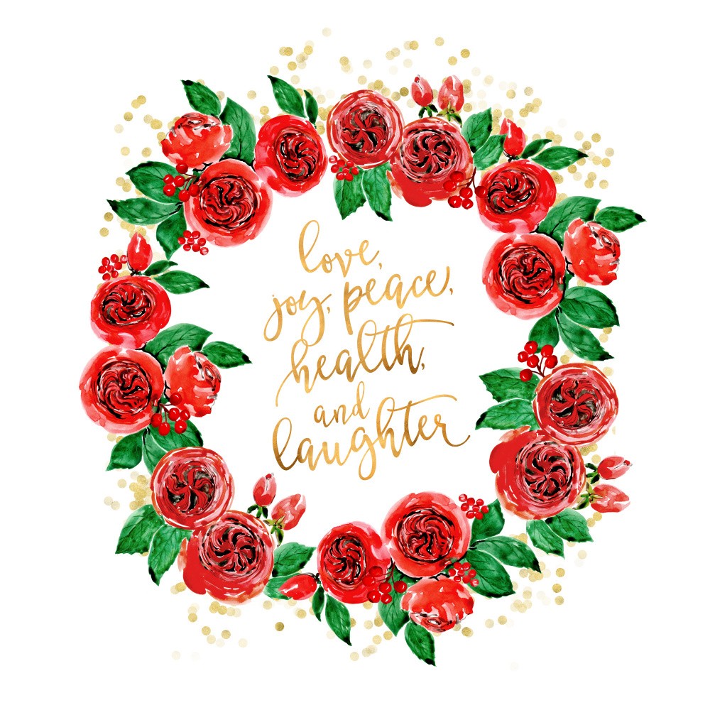 Holiday wishes wreath of red English roses