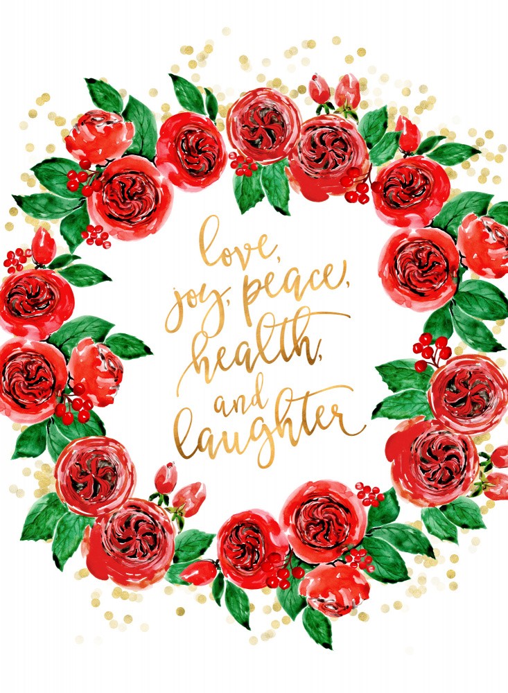 Holiday wishes wreath of red English roses