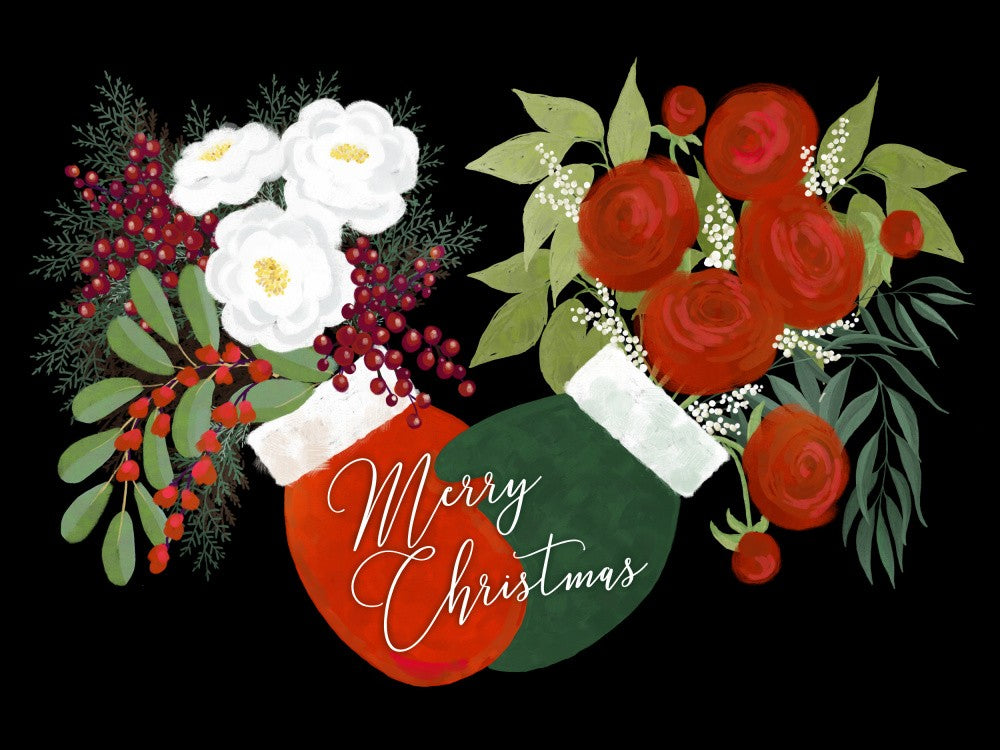 Florale Fäustlinge - Frohe Weihnachten in Schwarz